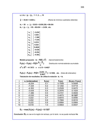 306
εi ≅ ei = yi - i
y

, i =1, 2, ..,, 10
y

= 35.83 + 0.836 x (Recta de mínimos cuadrados obtenida)
x1 = 39 ⇒ 1
y

= 35.83 + 0.836 (39) = 68.434
e1 = y1 - 1
y

= 65 – 68.434 = –3.434, etc.
1
2
3
4
5
6
7
8
9
10
e 3.434
e 3.222
e 1.386
e 7.334
e 8.518
e 8.222
e 5.4020
e 0.530
e 8.254
e 4.302
−
   
   
   
   
−
   
−
   
   
   
=
   
   
   
−
   
   
−
   
   
−
 
 
Modelo propuesto ei ∼ N(0, σ2
) (Aproximadamente)
F0(xi) = F0(ei) = P(Z< i
e 0
−
σ
) Distribución normal estándar acumulada
σ2
≅ S2
= 41.7673 ⇒ σ ≅ S = 6.4627
F0(x1) = F0(e1) = P(Z<
8.254 0
6.4627
− −
) = 0.1008, etc. (Datos e ordenados)
Tabulación de resultados. Se utiliza la notación xi = ei
i xi (ordenados) Sn(xi) F0(xi) |Sn(xi)- F0(xi)|
1 -8.254 0.1 0.1008 0.0008
2 -7.334 0.2 0.1282 0.0718
3 -4.302 0.3 0.2528 0.0472
4 -3.434 0.4 0.2976 0.1024
5 -1.386 0.5 0.4151 0.0849
6 -0.530 0.6 0.4673 0.1327
7 3.222 0.7 0.6910 0.0090
8 5.402 0.8 0.7984 0.0016
9 8.222 0.9 0.8984 0.0984
10 8.518 1.0 0.9063 0.0937
Dn = max| Sn(xi) – F0(xi)| = 0.1327
Conclusión: Dn no cae en la región de rechazo, por lo tanto no se puede rechazar Ho
 