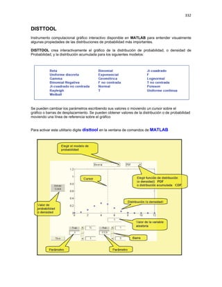 332
DISTTOOL
Instrumento computacional gráfico interactivo disponible en MATLAB para entender visualmente
algunas propiedades de las distribuciones de probabilidad más importantes.
DISTTOOL crea interactivamente el gráfico de la distribución de probabilidad, o densidad de
Probabilidad, y la distribución acumulada para los siguientes modelos:
Se pueden cambiar los parámetros escribiendo sus valores o moviendo un cursor sobre el
gráfico o barras de desplazamiento. Se pueden obtener valores de la distribución o de probabilidad
moviendo una línea de referencia sobre el gráfico
Para activar este utilitario digite disttool en la ventana de comandos de MATLAB
 