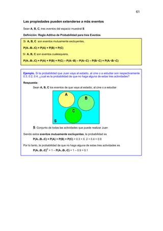 61
Las propiedades pueden extenderse a más eventos
Sean A, B, C, tres eventos del espacio muestral S
Definición: Regla Aditiva de Probabilidad para tres Eventos
Si A, B, C son eventos mutuamente excluyentes,
P(A∪B∪C) = P(A) + P(B) + P(C)
Si A, B, C son eventos cualesquiera,
P(A∪B∪C) = P(A) + P(B) + P(C) – P(A∩B) – P(A∩C) – P(B∩C) + P(A∩B∩C)
Ejemplo. Si la probabilidad que Juan vaya al estadio, al cine o a estudiar son respectivamente
0.3, 0.2, 0.4, ¿cual es la probabilidad de que no haga alguna de estas tres actividades?
Respuesta:
Sean A, B, C los eventos de que vaya al estadio, al cine o a estudiar
S: Conjunto de todas las actividades que puede realizar Juan
Siendo estos eventos mutuamente excluyentes, la probabilidad es
P(A∪B∪C) = P(A) + P(B) + P(C) = 0.3 + 0. 2 + 0.4 = 0.9
Por lo tanto, la probabilidad de que no haga alguna de estas tres actividades es
P(A∪B∪C)C
= 1 – P(A∪B∪C) = 1 – 0.9 = 0.1
 