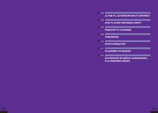 P.204
LA PUB TV, AUTODISCIPLINE ET CONTRÔLE
P.205
AVIS TV AVANT DIFFUSION (ARPP)
P.207
PUBLICITÉ TV CLASSIQUE
P.209
PARRAINAGE
P.210
SPOTS INTERACTIFS
P.211
PLACEMENT DE PRODUIT
P.212
LES SERVICES DE MÉDIAS AUDIOVISUELS
À LA DEMANDE (SMAD)
202 203
 
