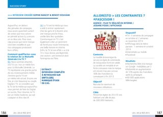 186 187
SUCCESS STORY
LES + DE LA TÉLÉ 2015 LES + DE LA TÉLÉ 2015
 INTERVIEW CROISÉE SOPHIE BANCET  BENOIT DOUXAMI
Aujourd’hui, en dehors
des périodes de campagne,
nous avons quasiment autant
de visites que nous avions
en période active il y a encore
un ou deux ans. Pour nous,
cela prouve que notre marque
s’est bien installée et que
nos campagnes produisent
leurs effets.
Comment qualifieriez-vous
la relation de La Mutuelle
Générale à la TV ?
BD. Nous sommes attachés
à la TV car c’est un média fort
pour La Mutuelle Générale. La
TV représente une grande partie
de nos investissements média.
J’estime que la TV est
un média très actuel. Encore une
fois, je crois beaucoup au couple
Digital / TV. Je considère que
la TV est le média qui aujourd’hui
nous permet de faire du Digital
un succès. Pour résumer, la TV
est un média moderne, qui sait
s’adapter et être réactif.
SB. La TV est le média qui nous
a aidé à rentrer rapidement
chez les gens et à devenir ainsi
une marque proche d’eux,
visible dans leur quotidien.
Communiquer en TV c’est
également créer un sentiment
de fierté pour toute l’entreprise,
une belle histoire en interne.
Enfin, la TV et son effet « vu à la
TV » nous donne une légitimité,
une caution, une existence dont
l’entreprise est fière.
EXTRACT
INTERVIEW COMPLÈTE
À RETROUVER SUR
SNPTV.ORG
RUBRIQUE ÉTUDE
DE CAS.
ALLORESTO  LES CONTRAINTES ?
#PASCESOIR !
AGENCE : FILM TV RÉALISÉ EN INTERNE /
JOSIANE POUR L’AFFICHAGE
Contexte
Le modèle économique du
service en ligne de commande
de restauration livré est validé.
La société est rentable et en
forte croissance mais la marque
est encore trop peu connue.
30% des Franciliens la
connaissent à fin 2013.
Objectif
Recruter le maximum de
nouveaux utilisateurs.
Cible
Personnes âgées de 20 à 35 ans
habitant une ville de plus
de 300 000 habitants.
Dispositif
TV : 3 semaines de campagne
en octobre et 2 semaines
en novembre 2014
Affichage dans le métro
parisien : 1 semaine en octobre
2014
Interstitiels sur mobile
Facebook
Résultats
Recherches liées à la marque
sur Google : multipliées par 2
Notoriété en augmentation
de 10% auprès des Franciliens
après la campagne
80 000 applications
téléchargées
64MILLIÈMEPRODUCTION
 