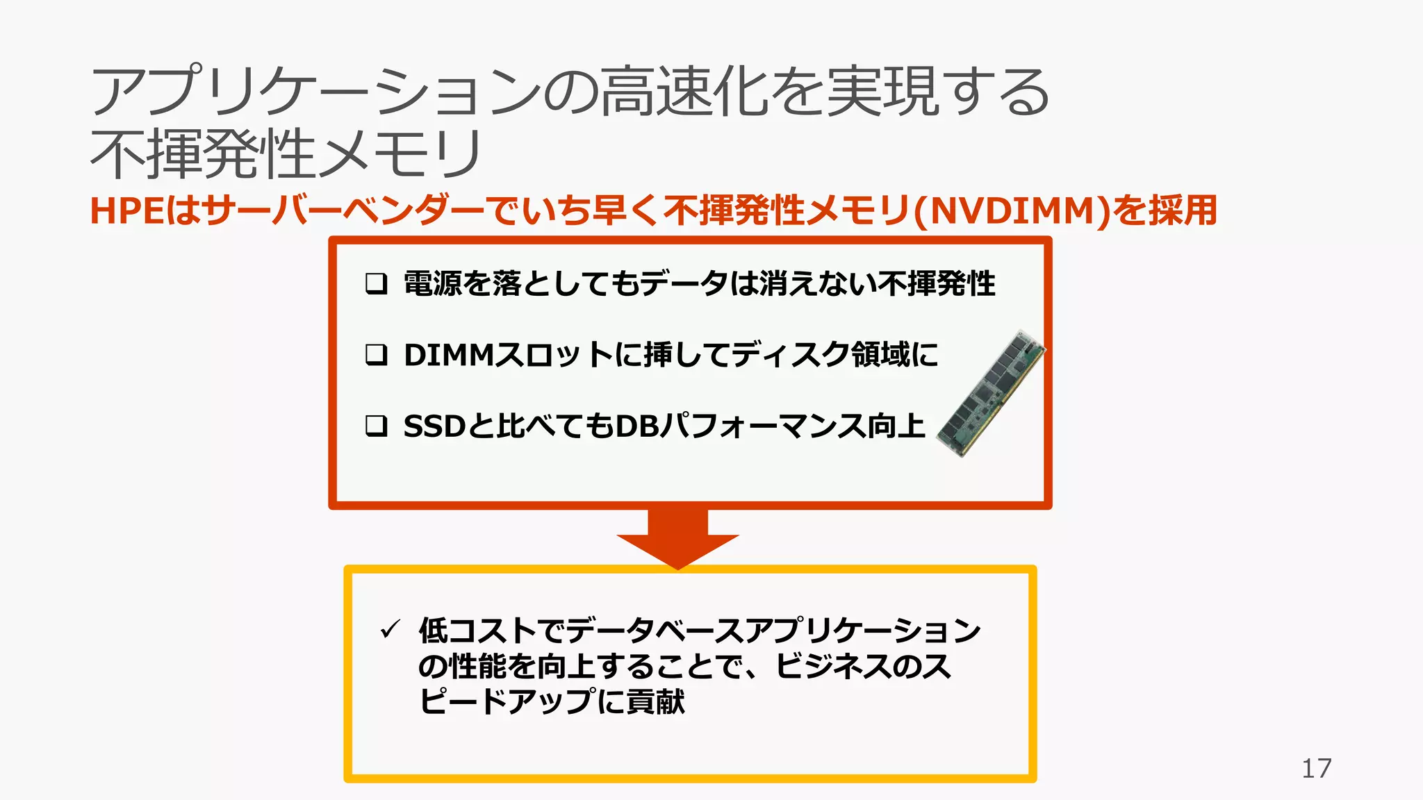 HPEはサーバーベンダーでいち早く不揮発性メモリ(NVDIMM)を採用
17
 電源を落としてもデータは消えない不揮発性
 DIMMスロットに挿してディスク領域に
 SSDと比べてもDBパフォーマンス向上
 低コストでデータベースアプリケーション
の性能を向上することで、ビジネスのス
ピードアップに貢献
 