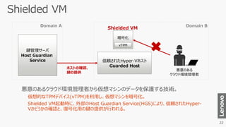 鍵管理サーバ
Host Guardian
Service 信頼されたHyper-Vホスト
Guarded Host
暗号化
Shielded VM
vTPM
ホストの確認、
鍵の提供
悪意のある
クラウド環境管理者
Domain A Domain B
悪意のあるクラウド環境管理者から仮想マシンのデータを保護する技術。
仮想的なTPMデバイス(vTPM)を利用し、仮想マシンを暗号化。
Shielded VM起動時に、外部のHost Guardian Service(HGS)により、信頼されたHyper-
Vかどうかの確認と、復号化用の鍵の提供が行われる。
 