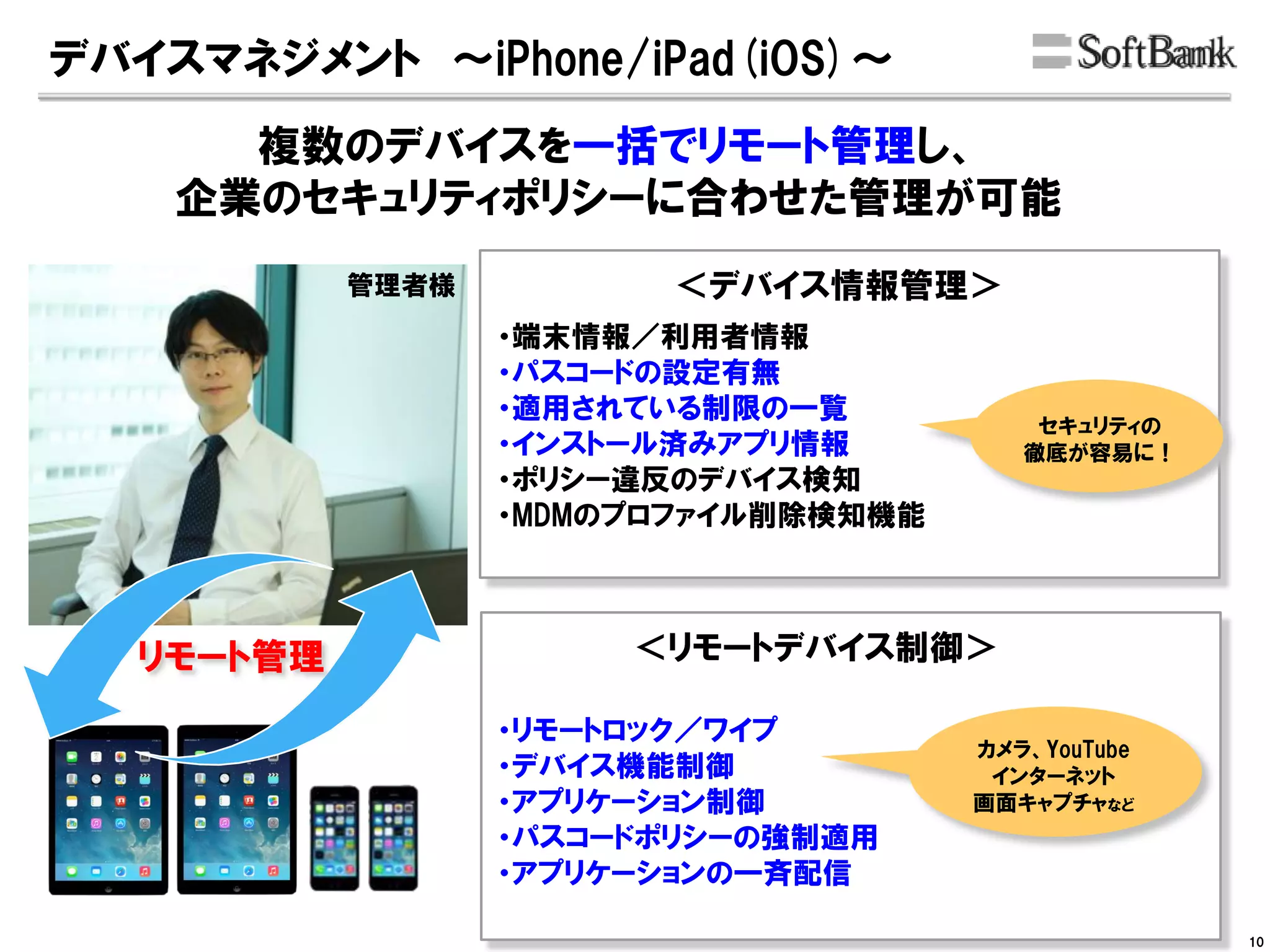 デバイスマネジメント 〜iPhone/iPad(iOS)～
管理者様 ＜デバイス情報管理＞
＜リモートデバイス制御＞
・リモートロック／ワイプ
・デバイス機能制御
・アプリケーション制御
・パスコードポリシーの強制適用
・アプリケーションの一斉配信
カメラ、YouTube
インターネット
画面キャプチャなど
セキュリティの
徹底が容易に！
・端末情報／利用者情報
・パスコードの設定有無
・適用されている制限の一覧
・インストール済みアプリ情報
・ポリシー違反のデバイス検知
・MDMのプロファイル削除検知機能
リモート管理
複数のデバイスを一括でリモート管理し、
企業のセキュリティポリシーに合わせた管理が可能
10
 