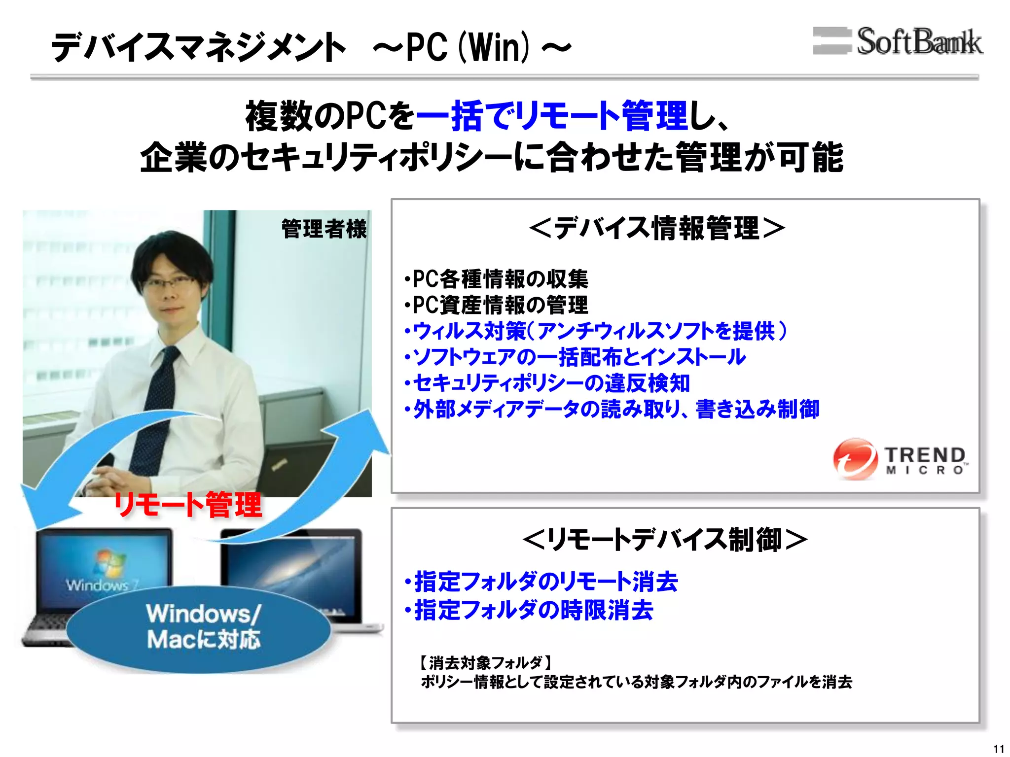 デバイスマネジメント 〜PC(Win)～
複数のPCを一括でリモート管理し、
企業のセキュリティポリシーに合わせた管理が可能
＜デバイス情報管理＞管理者様
＜リモートデバイス制御＞
・PC各種情報の収集
・PC資産情報の管理
・ウィルス対策（アンチウィルスソフトを提供）
・ソフトウェアの一括配布とインストール
・セキュリティポリシーの違反検知
・外部メディアデータの読み取り、書き込み制御
【消去対象フォルダ】
ポリシー情報として設定されている対象フォルダ内のファイルを消去
・指定フォルダのリモート消去
・指定フォルダの時限消去
リモート管理
Mac対応は
ソフトバンクだけ
11
 