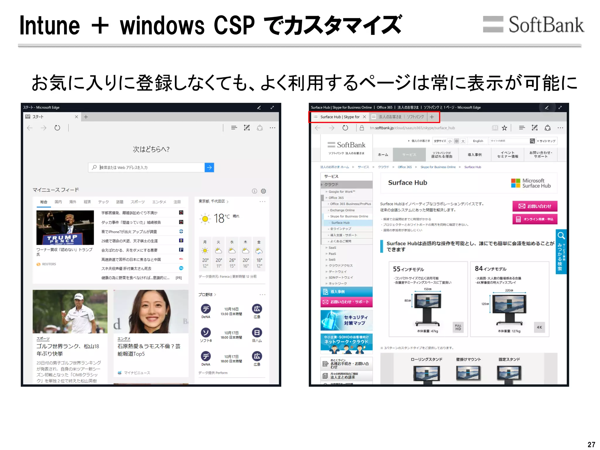 Intune ＋ windows CSP でカスタマイズ
お気に入りに登録しなくても、よく利用するページは常に表示が可能に
27
 