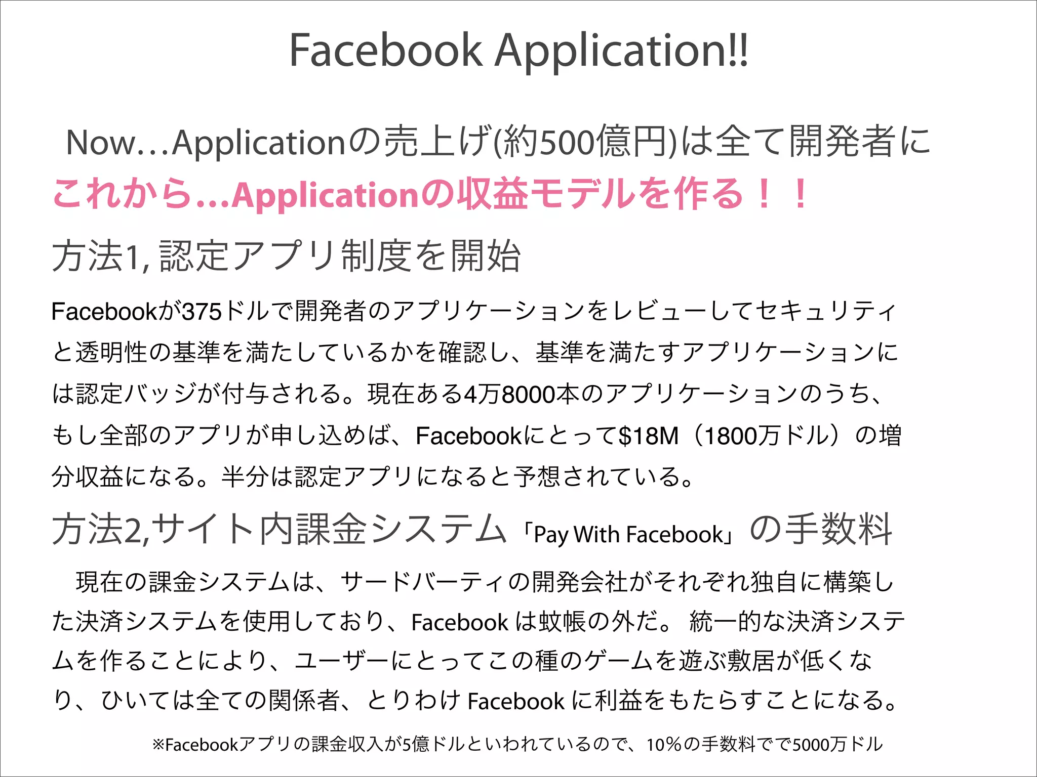 Facebook Application!!
 Now…Application                      (   500            )
      …Application
     1,
Facebook     375


                                  4   8000
                               Facebook          $18M        1800



     2,                                   Pay With Facebook


                           Facebook


                                  Facebook
          ※Facebook        5                        10              5000
 