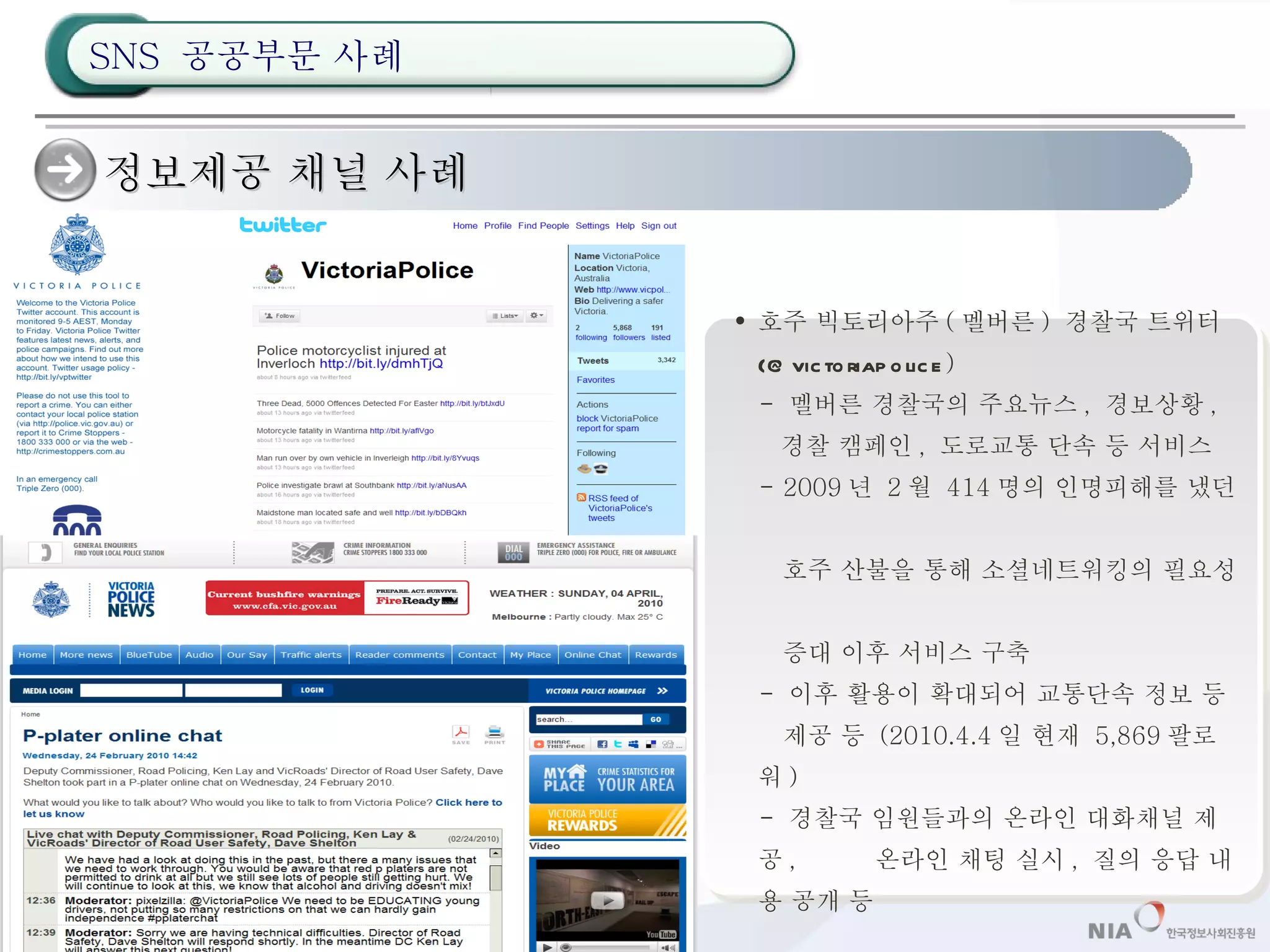 호주 빅토리아주 ( 멜버른 )  경찰국 트위터 (@victoriapolice ) -  멜버른 경찰국의 주요뉴스 ,  경보상황 ,    경찰 캠페인 ,  도로교통 단속 등 서비스 -  2009 년  2 월  414 명의 인명피해를 냈던    호주 산불을 통해 소셜네트워킹의 필요성    증대 이후 서비스 구축 -  이후 활용이 확대되어 교통단속 정보 등    제공 등  (2010.4.4 일 현재  5,869 팔로워 ) -  경찰국 임원들과의 온라인 대화채널 제공 ,    온라인 채팅 실시 ,  질의 응답 내용 공개 등  정보제공 채널 사례 SNS  공공부문 사례 