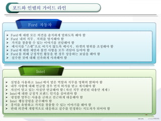 Ford 에 대한 모든 의견을 솔직하게 말하도록 해야 함 Ford  내의 직무 ,  직위를 명시해야 함 가치를 창출할 수 있는 이야기를 전달해야 함 메시지를 “스팸”으로 여기지 않도록 메시지 ,  타겟의 범위를 조정해야 함 Ford 에 대한 제안과 불만 사항을 모두 귀담아 들어야 함 Ford 를 위해 긍정적인 활동을 한 경우 상응하는 보답을 해야 함 실수한 것에 대해 신속하게 사과해야 함 실명을 사용하고  Intel 에서 맡은 역할과 직무를 명확히 밝혀야 함 내부 사항에 대해 언급할 경우 먼저 허가를 받고 게시해야 함 자신이 알고 있는 사실만 언급해야 함 ( 자신 직무 관련된 내용만 게재 ) Intel 에 대한 긍정적 브랜드 인식을 심어줘야 함 냉정한 말투는 사용을 금하고 친근하게 대응해야 함 Intel  행동강령을 준수해야 함 흥미를 유발하고 가치를 창출할 수 있는 이야기를 해야 함 반대 의견에 개방적으로 대응하고 실수를 인정하는 지도자가 되어야 함 Ford  자동차 Intel 포드와 인텔의 가이드 라인 