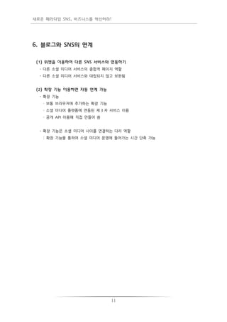 새로운 패러다임 SNS, 비즈니스를 혁신하라!




6. 블로그와 SNS의 연계


 (1) 위젯을 이용하여 다른 SNS 서비스와 연동하기
  - 다른 소셜 미디어 서비스의 종합적 페이지 역할
  - 다른 소셜 미디어 서비스와 대립되지 않고 보완됨


 (2) 확장 기능 이용하면 자동 연계 가능
  - 확장 기능
   · 보통 브라우저에 추가하는 확장 기능
   · 소셜 미디어 플랫폼에 연동된 제 3 자 서비스 이용
   · 공개 API 이용해 직접 만들어 씀


  - 확장 기능은 소셜 미디어 사이를 연결하는 다리 역할
   : 확장 기능을 통하여 소셜 미디어 운영에 들어가는 시갂 단축 가능




                           11
 