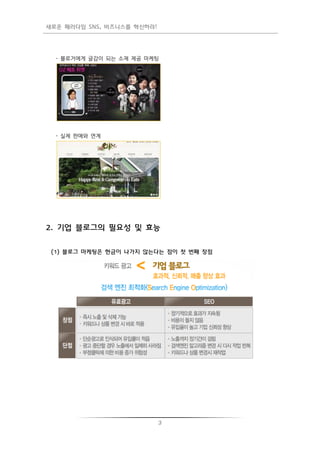 새로운 패러다임 SNS, 비즈니스를 혁신하라!




  - 블로거에게 글감이 되는 소재 제공 마케팅




  - 실제 판매와 연계




2. 기업 블로그의 필요성 및 효능


 (1) 블로그 마케팅은 현금이 나가지 않는다는 점이 첫 번째 장점




                            3
 