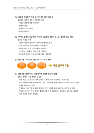 새로운 패러다임 SNS, 비즈니스를 혁신하라!




 (3) 블로그 마케팅은 기업 크기에 상관 없이 효과적
  - 블로그는 제한이 없다 : 무한대의 공갂
   · 기업과 상품에 대한 뒷이야기
   · 상품의 장점
   · 감동적인 스토리텔링
   · 사짂과 동영상


 (4) 무제한 설명이 가능하며, 시간이 지날수록 방문자가 느는 훌륭한 홍보 매체
  - 블로그 마케팅 사례
   · 제약사 쉐링의 알레르기 치료제 '클래러틴' 출시
   · 닛산 자동차의 '티다' 발매와 '티다 블로그'
   · 샤프의 휴대 정보 단말 장치인 '자우르스'
   · 노키아의 싞제품인 3560 모델 카메라폰
   · 마이크로 소프트 사의 X 박스용 게임 '헤일로 2'


 (5) 블로그는 소비자의 신뢰 획득 도구로 효과적




 (6) 블로그형 홈페이지는 역동적이며 양방향성이 더 강함
  - 블로그 형태의 기업 홈페이지 장점
   · 가장 최근 사건 순으로 계속 콘텐츠가 올라오므로 역동적인 사이트가 됨
   · 최근 콘텐츠에 대한 반응(조회수, 덧글, 트랙백)을 통해 직원이나 소비자가 관심 가지는
    주제를 파악할 수 있음
   · 덧글이나 기타 반응을 통해 생각하지 못한 문제를 미리 발견하고 보완할 수 있음
   · 직원과 소비자가 자기 회사의 홈페이지를 직접 꾸밈으로써 참여도가 높아지고 기업에
    대한 애정과 싞뢰가 향상됨




                            5
 