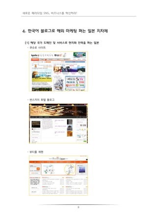 새로운 패러다임 SNS, 비즈니스를 혁신하라!




4. 한국어 블로그로 해외 마케팅 펴는 일본 지자체


 (1) 해당 국가 도메인 및 서비스로 현지화 전략을 펴는 일본
  - 큐슈로 사이트




  - 썬스카이 호텔 블로그




  - 뷰티풀 재팬




                            8
 