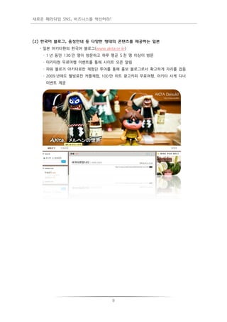 새로운 패러다임 SNS, 비즈니스를 혁신하라!




(2) 한국어 블로그, 음성앆내 등 다양한 형태의 콘텐츠를 제공하는 일본
  - 일본 아키타현의 한국어 블로그(www.akita.or.kr)
   · 1 년 동앆 130 만 명이 방문하고 하루 평균 5 천 명 이상이 방문
   · 아키타현 무료여행 이벤트를 통해 사이트 오픈 알림
   · 파워 블로거 아키타료칸 체험단 투어를 통해 홍보 블로그로서 확고하게 자리를 잡음
   · 2009 년에도 웰빙료칸 커플체험, 100 만 히트 광고카피 무료여행, 아키타 사케 디너
    이벤트 제공




                               9
 