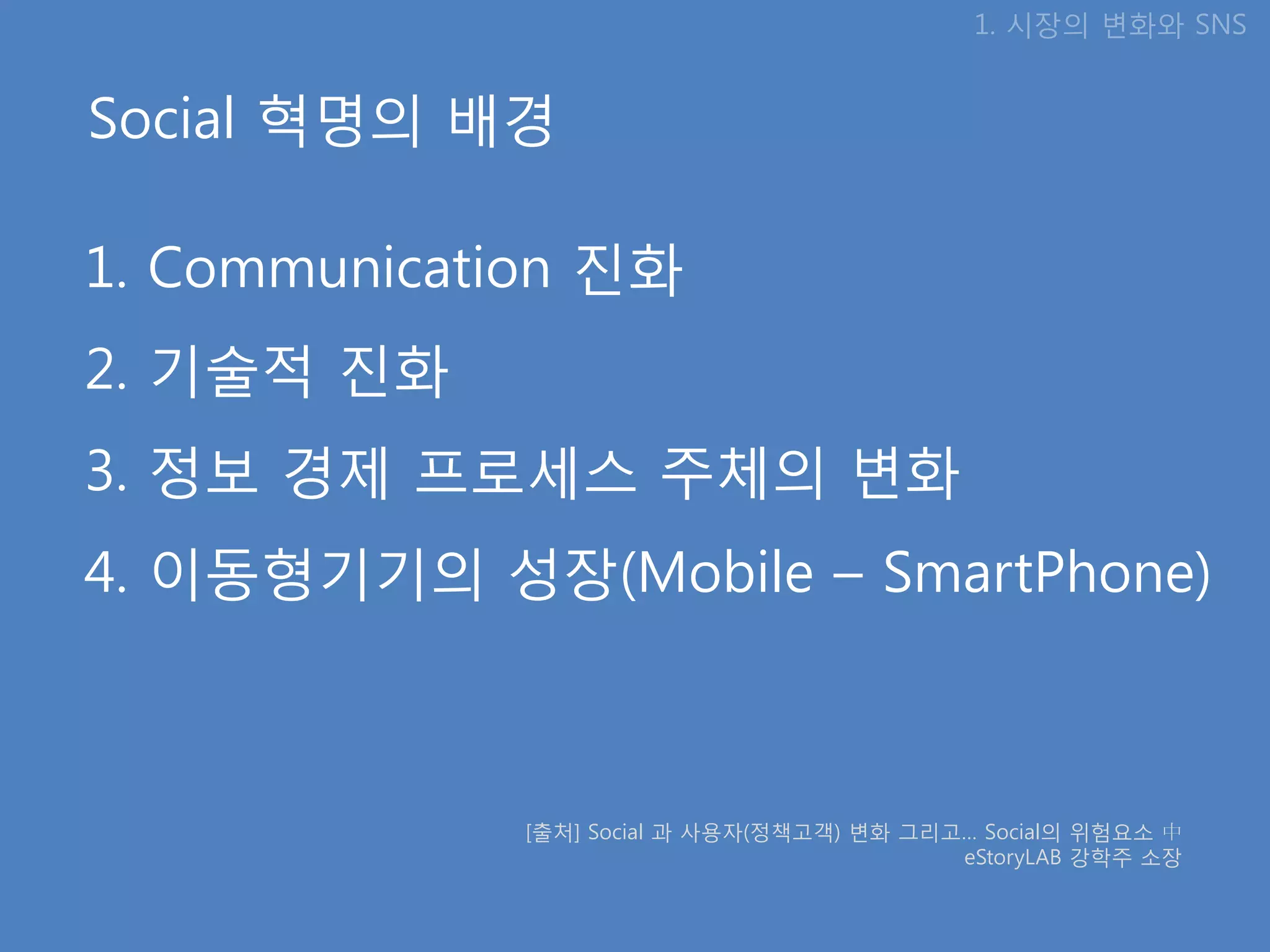 1. 시장의 변화와 SNS


Social 혁명의 배경

1. Communication 짂화
2. 기술적 짂화
3. 정보 경제 프로세스 주체의 변화
4. 이동형기기의 성장(Mobile – SmartPhone)



             [출처] Social 과 사용자(정책고객) 변화 그리고… Social의 위험요소 中
                                           eStoryLAB 강학주 소장
 