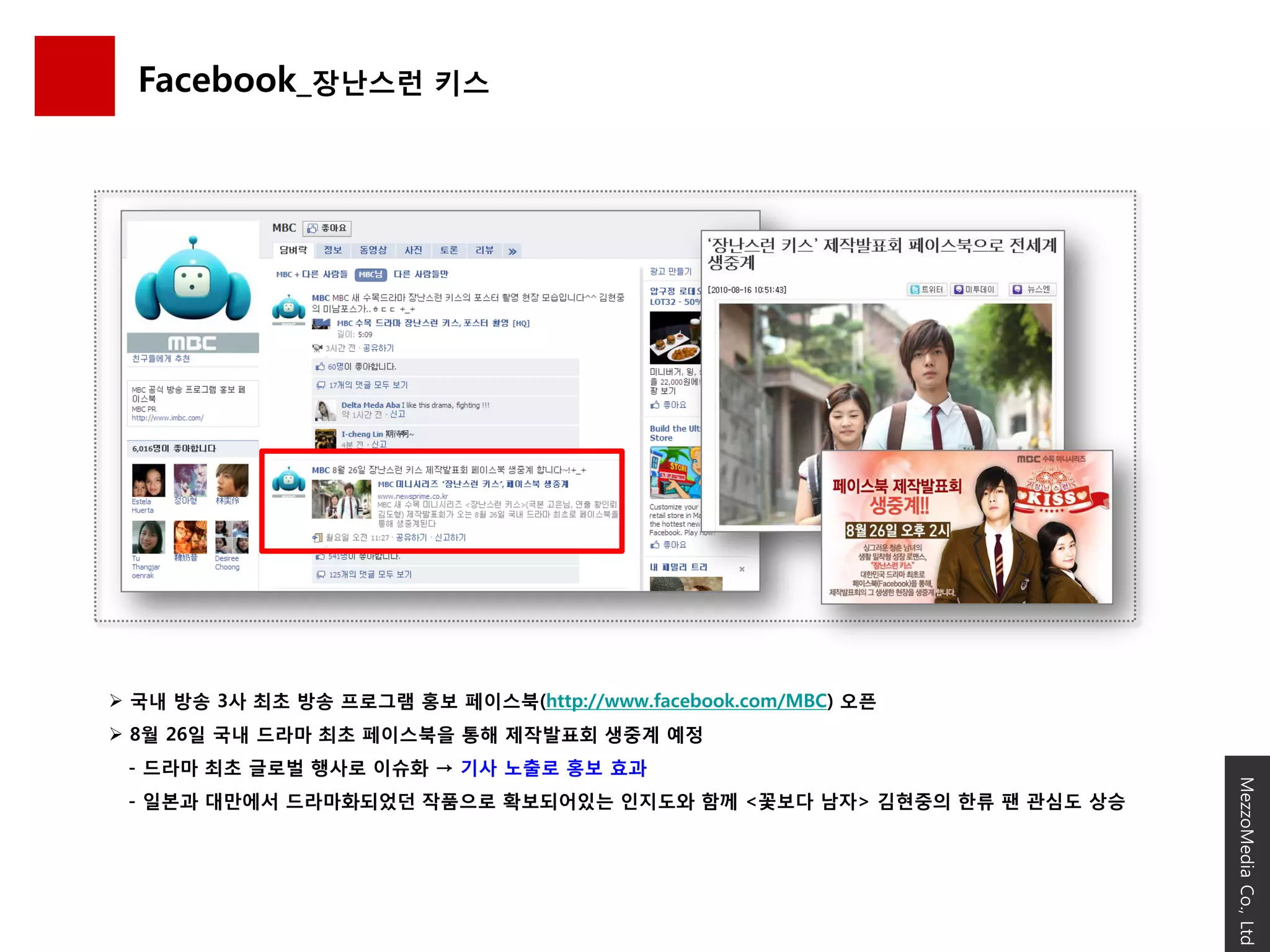 Facebook_장난스런 키스




 국내 방송 3사 최초 방송 프로그램 홍보 페이스북(http://www.facebook.com/MBC) 오픈
 8월 26읷 국내 드라마 최초 페이스북을 통해 제작발표회 생중계 예정
 - 드라마 최초 글로벌 행사로 이슈화 → 기사 노출로 홍보 효과




                                                                    MezzoMedia Co., Ltd
 - 읷본과 대만에서 드라마화되었던 작품으로 확보되어있는 읶지도와 함께 <꽃보다 남자> 김현중의 핚류 팬 관심도 상승
 