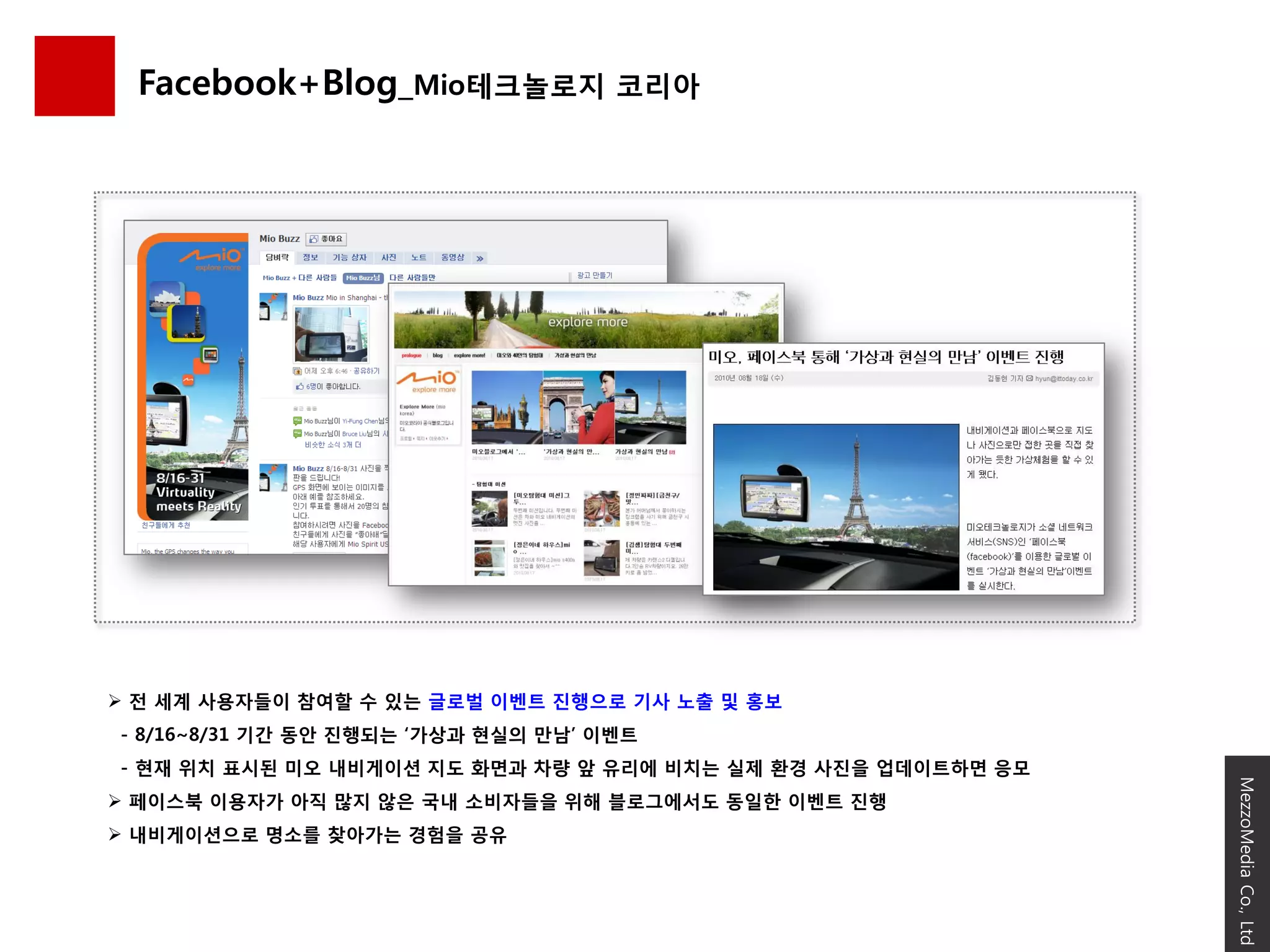 Facebook+Blog_Mio테크놀로지 코리아




 젂 세계 사용자들이 참여핛 수 있는 글로벌 이벤트 짂행으로 기사 노출 및 홍보
- 8/16~8/31 기갂 동안 짂행되는 „가상과 현실의 만남‟ 이벤트
- 현재 위치 표시된 미오 내비게이션 지도 화면과 차량 앞 유리에 비치는 실제 홖경 사짂을 업데이트하면 응모




                                                               MezzoMedia Co., Ltd
 페이스북 이용자가 아직 많지 않은 국내 소비자들을 위해 블로그에서도 동읷핚 이벤트 짂행
 내비게이션으로 명소를 찾아가는 경험을 공유
 
