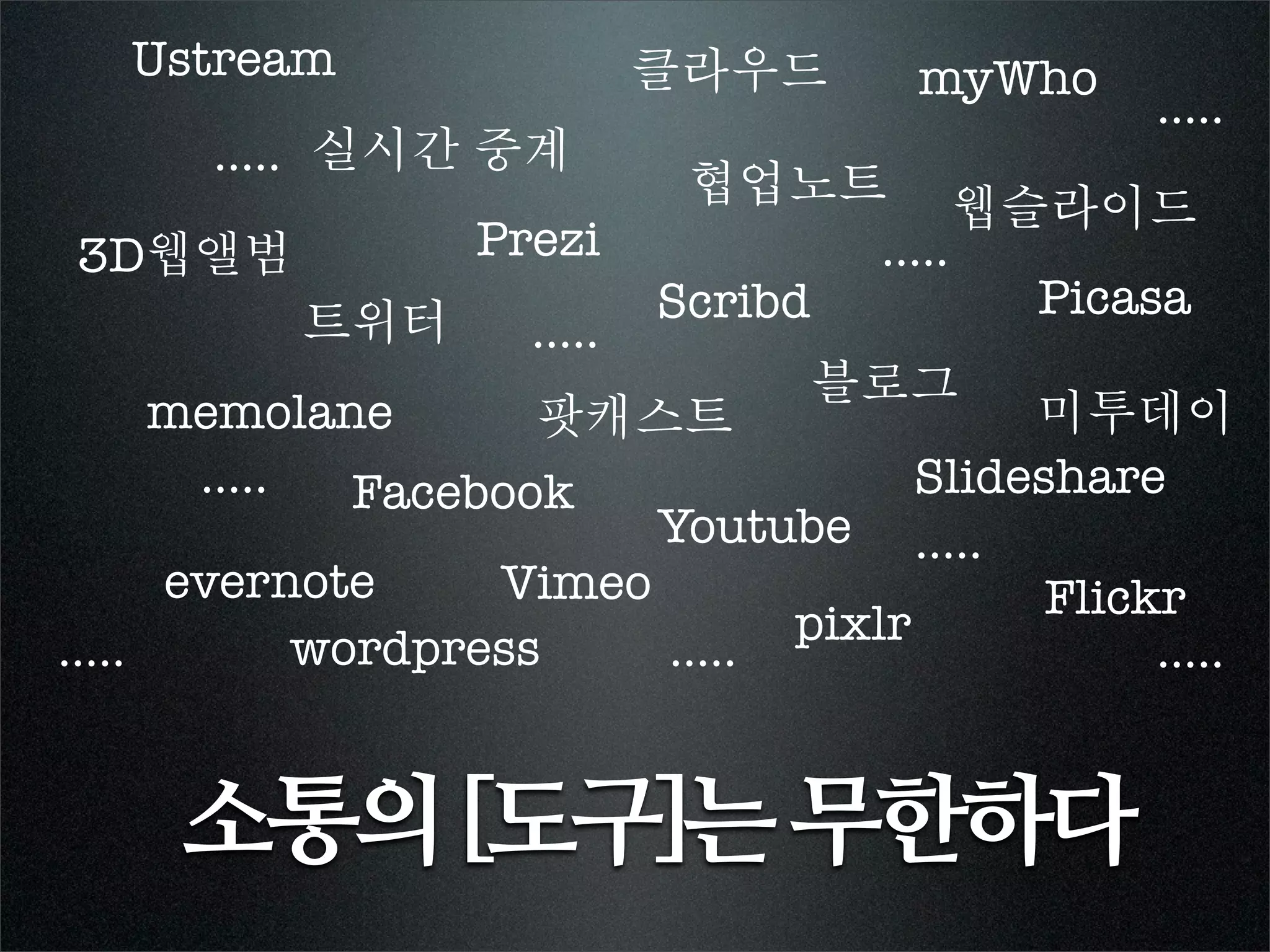 Ustream                   클라우드      myWho
                                                  .....
       ..... 실시간 중계
                              협업노트 웹슬라이드
3D웹앨범              Prezi            .....
                             Scribd       Picasa
           트위터       .....
                                  블로그
      memolane        팟캐스트                 미투데이
       .....   Facebook               Slideshare
                          Youtube .....
      evernote      Vimeo                   Flickr
                                pixlr
.....        wordpress    .....                  .....


     소통의 [도구]는 무한하다
 
