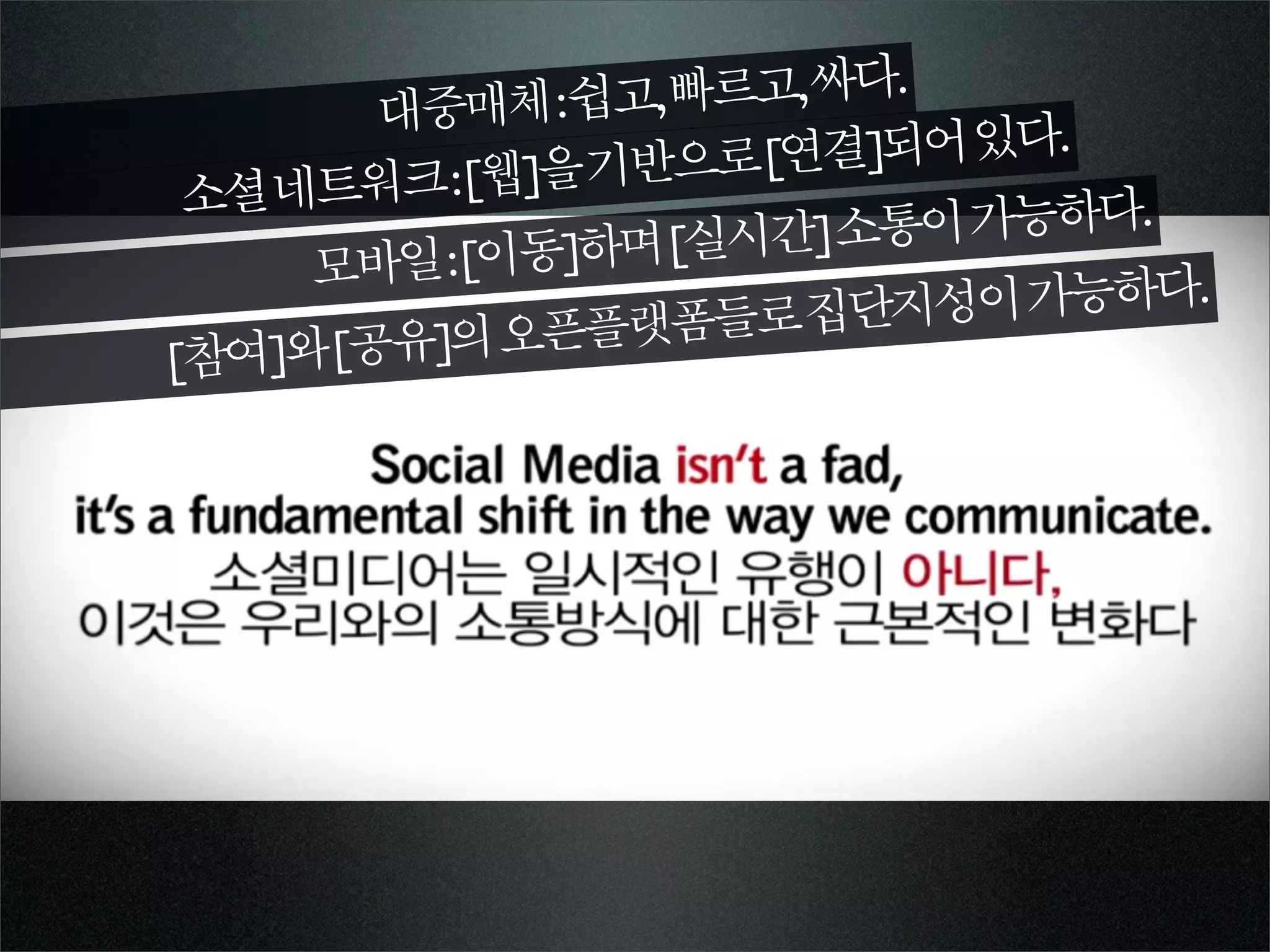 대중매체:쉽고,빠 르고,싸다.
             기반으로[연 결]되어있다.
 소셜네트워크:[웹]을
               [실시간]소통  이가능하다.
     모바일:[이동]하며
                  로집단지성이  가능하다.
[참여]와[공유]의오픈플랫폼들
 