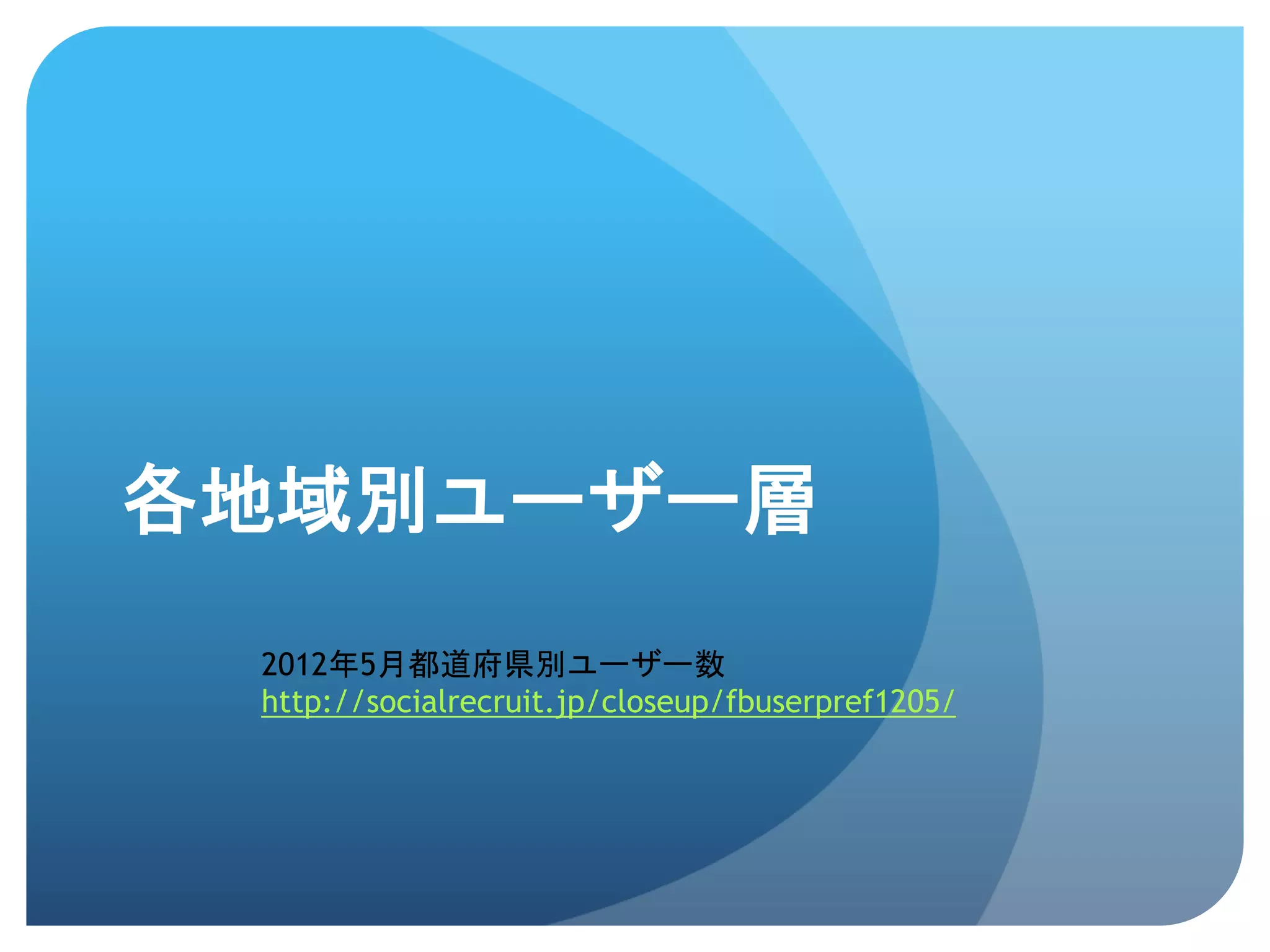 各地域別ユーザー層	
 
  2012年5月都道府県別ユーザー数
  http://socialrecruit.jp/closeup/fbuserpref1205/
 