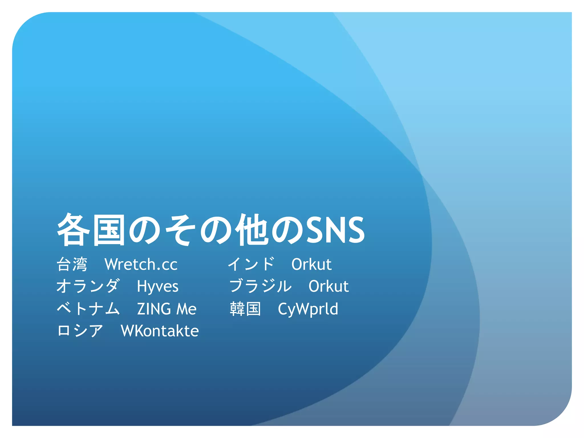 各国のその他のSNS	
 
台湾　Wretch.cc　　　インド　Orkut
オランダ　Hyves　　　ブラジル　Orkut
ベトナム　ZING Me　　韓国　CyWprld
ロシア　WKontakte	
 
 