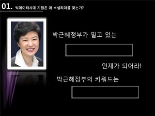 01. 빅데이터시대 기업은 왜 소셜리더를 찾는가?
박근혜정부가 밀고 있는
인재가 되어라!
박근혜정부의 키워드는
 