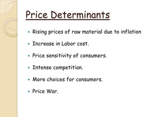 Price Determinants
 Rising prices of raw material due to inflation
 Increase in Labor cost.
 Price sensitivity of consumers.
 Intense competition.
 More choices for consumers.
 Price War.
 