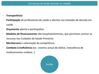 Gestão	
  
Um	
  Serviço	
  de	
  Saúde	
  centrado	
  no	
  cidadão	
  
•  Transparência	
  
•  Par<cipação	
  de	
  proﬁssionais	
  de	
  saúde	
  e	
  utentes	
  nas	
  tomadas	
  de	
  decisão	
  em	
  
saúde	
  
•  Orçamento	
  aberto	
  e	
  parcipavo	
  
•  Modelos	
  de	
  ﬁnanciamento	
  não-­‐hospitalocêntricos,	
  que	
  permitam	
  centrar	
  os	
  
recursos	
  nos	
  Cuidados	
  de	
  Saúde	
  Primários	
  
•  Meritocracia	
  e	
  valorização	
  da	
  competência	
  
•  Combate	
  à	
  ineﬁciência	
  (ex.:	
  sistema	
  actual	
  de	
  diálise,	
  inexistência	
  de	
  
medicamentos	
  unidose…)	
  
	
  
 