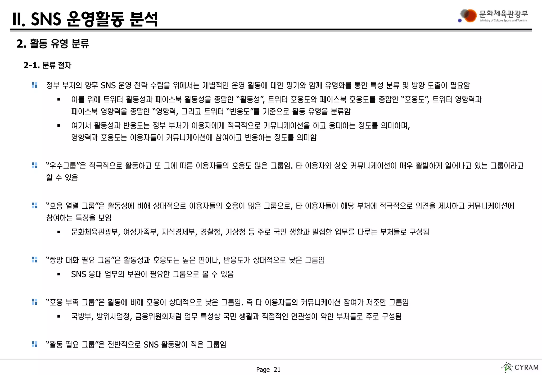 Page 21
II. SNS 운영활동 분석
2. 활동 유형 분류
2-1. 분류 절차
정부 부처의 향후 SNS 운영 전략 수립을 위해서는 개별적인 운영 활동에 대한 평가와 함께 유형화를 통한 특성 분류 및 방향 도출이 필요함
 이를 위해 트위터 활동성과 페이스북 활동성을 종합한 “활동성”, 트위터 호응도와 페이스북 호응도를 종합한 “호응도”, 트위터 영향력과
페이스북 영향력을 종합한 “영향력, 그리고 트위터 “반응도”를 기준으로 활동 유형을 분류함
 여기서 활동성과 반응도는 정부 부처가 이용자에게 적극적으로 커뮤니케이션을 하고 응대하는 정도를 의미하며,
영향력과 호응도는 이용자들이 커뮤니케이션에 참여하고 반응하는 정도를 의미함
“우수그룹”은 적극적으로 활동하고 또 그에 따른 이용자들의 호응도 많은 그룹임. 타 이용자와 상호 커뮤니케이션이 매우 활발하게 일어나고 있는 그룹이라고
할 수 있음
“호응 열렬 그룹”은 활동성에 비해 상대적으로 이용자들의 호응이 많은 그룹으로, 타 이용자들이 해당 부처에 적극적으로 의견을 제시하고 커뮤니케이션에
참여하는 특징을 보임
 문화체육관광부, 여성가족부, 지식경제부, 경찰청, 기상청 등 주로 국민 생활과 밀접한 업무를 다루는 부처들로 구성됨
“쌍방 대화 필요 그룹”은 활동성과 호응도는 높은 편이나, 반응도가 상대적으로 낮은 그룹임
 SNS 응대 업무의 보완이 필요한 그룹으로 볼 수 있음
“호응 부족 그룹”은 활동에 비해 호응이 상대적으로 낮은 그룹임. 즉 타 이용자들의 커뮤니케이션 참여가 저조한 그룹임
 국방부, 방위사업청, 금융위원회처럼 업무 특성상 국민 생활과 직접적인 연관성이 약한 부처들로 주로 구성됨
“활동 필요 그룹”은 전반적으로 SNS 활동량이 적은 그룹임
 