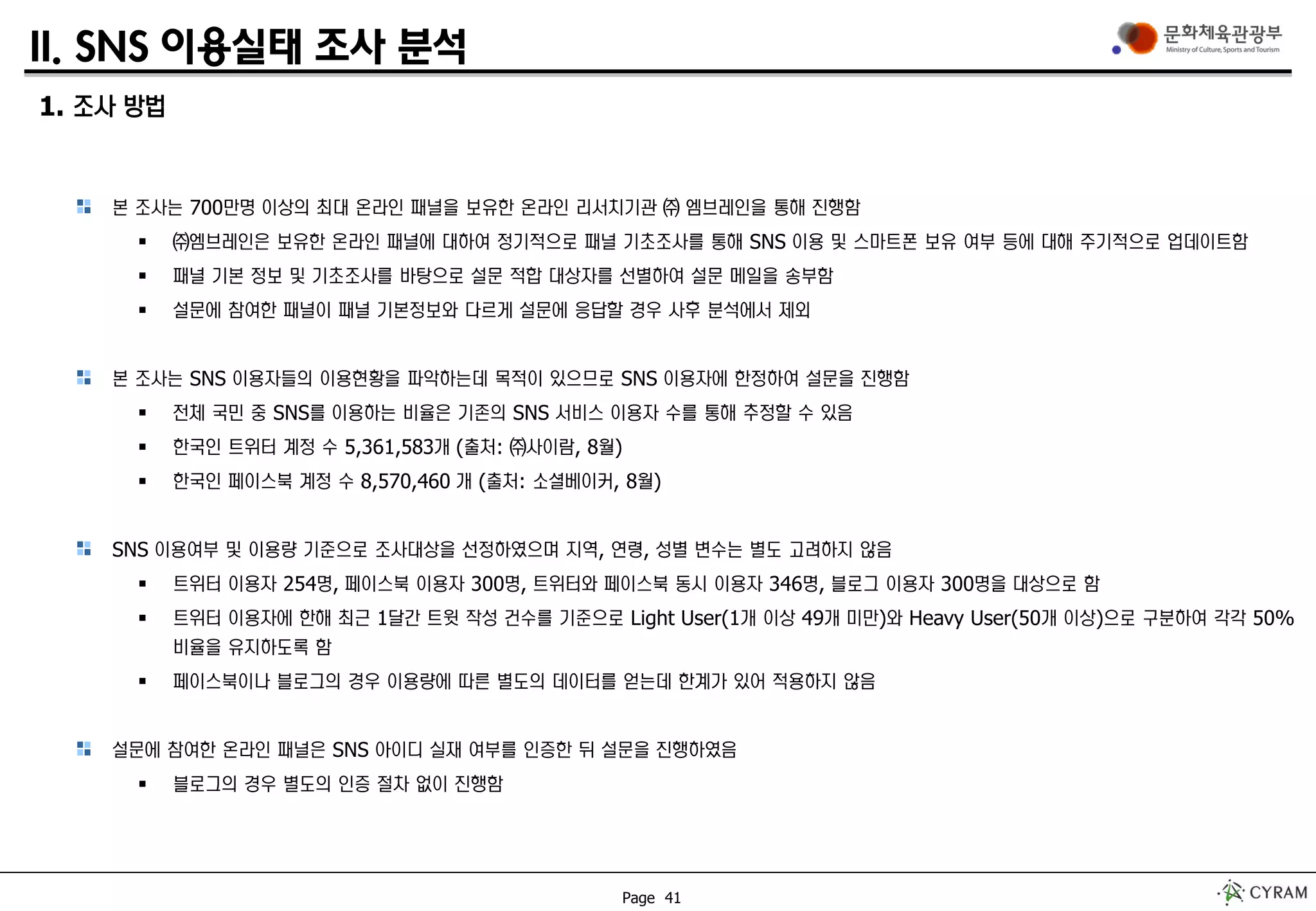 Page 41
II. SNS 이용실태 조사 분석
1. 조사 방법
본 조사는 700만명 이상의 최대 온라인 패널을 보유한 온라인 리서치기관 ㈜ 엠브레인을 통해 진행함
 ㈜엠브레인은 보유한 온라인 패널에 대하여 정기적으로 패널 기초조사를 통해 SNS 이용 및 스마트폰 보유 여부 등에 대해 주기적으로 업데이트함
 패널 기본 정보 및 기초조사를 바탕으로 설문 적합 대상자를 선별하여 설문 메일을 송부함
 설문에 참여한 패널이 패널 기본정보와 다르게 설문에 응답할 경우 사후 분석에서 제외
본 조사는 SNS 이용자들의 이용현황을 파악하는데 목적이 있으므로 SNS 이용자에 한정하여 설문을 진행함
 전체 국민 중 SNS를 이용하는 비율은 기존의 SNS 서비스 이용자 수를 통해 추정할 수 있음
 한국인 트위터 계정 수 5,361,583개 (출처: ㈜사이람, 8월)
 한국인 페이스북 계정 수 8,570,460 개 (출처: 소셜베이커, 8월)
SNS 이용여부 및 이용량 기준으로 조사대상을 선정하였으며 지역, 연령, 성별 변수는 별도 고려하지 않음
 트위터 이용자 254명, 페이스북 이용자 300명, 트위터와 페이스북 동시 이용자 346명, 블로그 이용자 300명을 대상으로 함
 트위터 이용자에 한해 최근 1달간 트윗 작성 건수를 기준으로 Light User(1개 이상 49개 미만)와 Heavy User(50개 이상)으로 구분하여 각각 50%
비율을 유지하도록 함
 페이스북이나 블로그의 경우 이용량에 따른 별도의 데이터를 얻는데 한계가 있어 적용하지 않음
설문에 참여한 온라인 패널은 SNS 아이디 실재 여부를 인증한 뒤 설문을 진행하였음
 블로그의 경우 별도의 인증 절차 없이 진행함
 