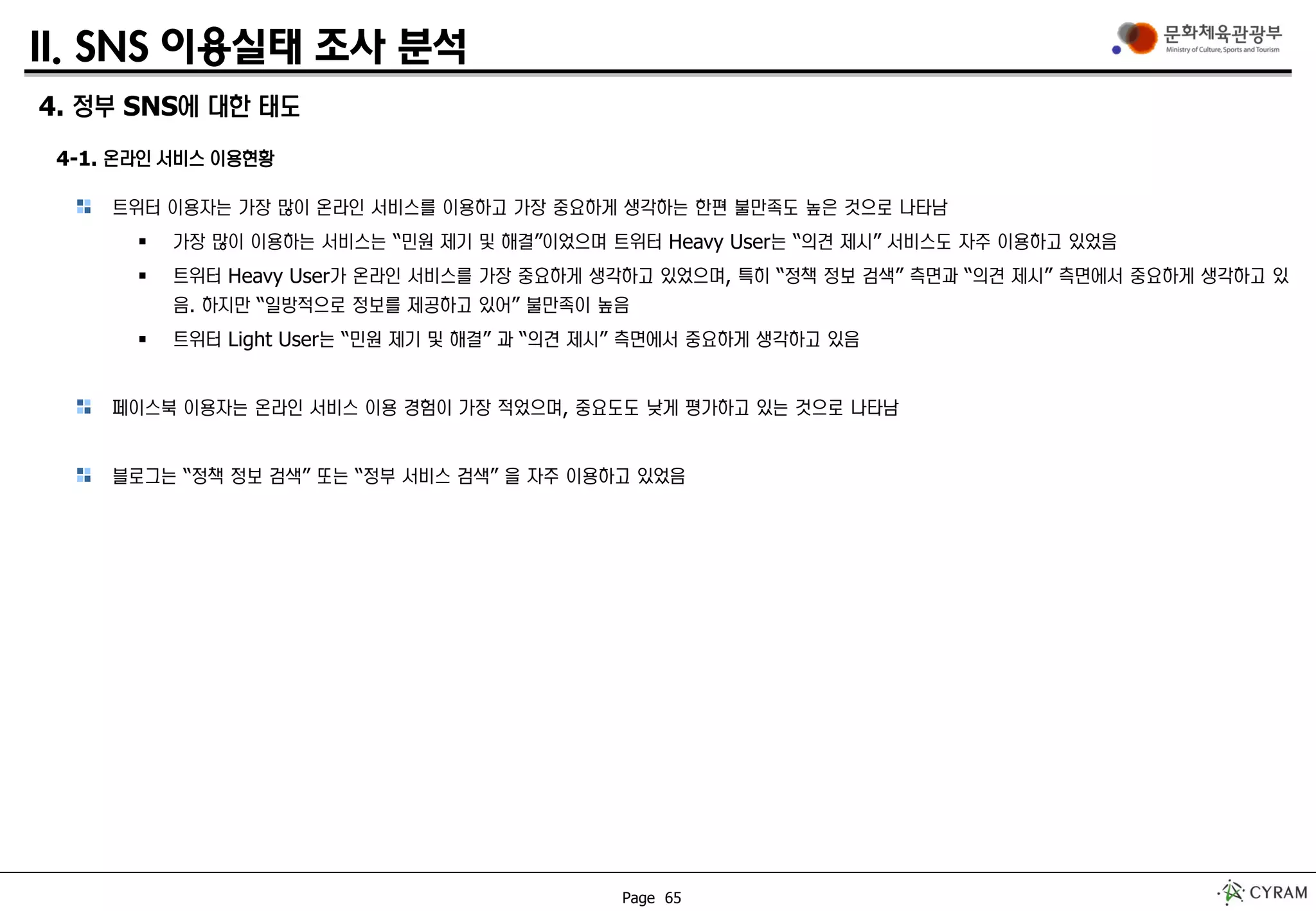 Page 65
II. SNS 이용실태 조사 분석
4. 정부 SNS에 대한 태도
4-1. 온라인 서비스 이용현황
트위터 이용자는 가장 많이 온라인 서비스를 이용하고 가장 중요하게 생각하는 한편 불만족도 높은 것으로 나타남
 가장 많이 이용하는 서비스는 “민원 제기 및 해결”이었으며 트위터 Heavy User는 “의견 제시” 서비스도 자주 이용하고 있었음
 트위터 Heavy User가 온라인 서비스를 가장 중요하게 생각하고 있었으며, 특히 “정책 정보 검색” 측면과 “의견 제시” 측면에서 중요하게 생각하고 있
음. 하지만 “일방적으로 정보를 제공하고 있어” 불만족이 높음
 트위터 Light User는 “민원 제기 및 해결” 과 “의견 제시” 측면에서 중요하게 생각하고 있음
페이스북 이용자는 온라인 서비스 이용 경험이 가장 적었으며, 중요도도 낮게 평가하고 있는 것으로 나타남
블로그는 “정책 정보 검색” 또는 “정부 서비스 검색” 을 자주 이용하고 있었음
 