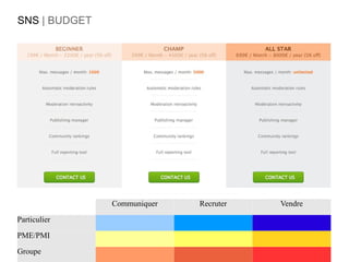 SNS | BUDGET




               Communiquer   Recruter   Vendre

Particulier

PME/PMI

Groupe
 