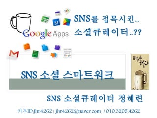 SNS 소셜큐레이터 정혜련
SNS 소셜 스마트워크
카톡ID:jhr4262 / jhr4262@naver.com / 010.3205.4262
SNS를 접목시킨..
소셜큐레이터..??
 
