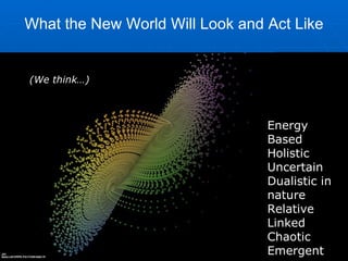 What the New World Will Look and Act Like Energy Based Holistic Uncertain Dualistic in nature Relative Linked Chaotic Emergent (We think…) 