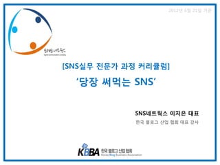 2012년 6월 21일 기준




[SNS실무 전문가 과정 커리큘럼]

  ‘당장 써먹는 SNS’


            SNS네트웍스 이지은 대표
            한국 블로그 산업 협회 대표 강사
 