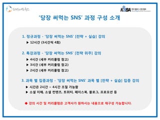 SNS네트웍스
          ‘당장 써먹는 SNS’ 과정 구성 소개


   1. 정규과정 - ‘당장 써먹는 SNS’ [전략 + 실습] 강의
     ▶ 12시간 (3시간씩 4회)


   2. 특강과정 - ‘당장 써먹는 SNS’ [전략 위주] 강의
     ▶ 4시간 (세부 커리큘럼 참고)
     ▶ 3시간 (세부 커리큘럼 참고)
     ▶ 2시간 (세부 커리큘럼 참고)


   3. 과목 별 집중과정 - ‘당장 써먹는 SNS’ 과목 별 [전략 + 실습] 집중 강의
     ▶ 시간은 2시간 ~ 4시간 조절 가능함
     ▶ 소셜 이해, 소셜 컨텐츠, 트위터, 페이스북, 블로그, 프로모션 등


    ◆ 강의 시간 및 커리큘럼은 고객사가 원하시는 내용으로 재구성 가능합니다.
 