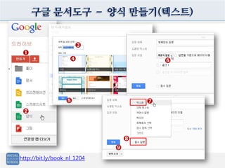 구글 문서도구 – 양식 만들기(텍스트)
http://bit.ly/book_nl_1204
➊
➋
➍
➌
➎
➏
➒
➐
➑
 