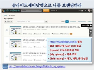 슬라이드세어닷넷으로 나를 브랜딩하라
- http://www.slideshare.net 접속
- 최초 [회원가입(Sign-Up)] 필요
- [Upload] 기능으로 파일 전송
- [My uploads] = 목록 조회
- [Edit setting] = 태그, 제목, 공개 설정
http://www.slideshare.net/letsgo999/edit_my_uploads
 