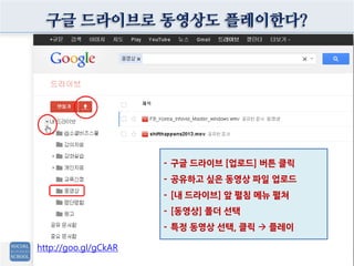 구글 드라이브로 동영상도 플레이한다?
- 구글 드라이브 [업로드] 버튼 클릭
- 공유하고 싶은 동영상 파일 업로드
- [내 드라이브] 앞 펼침 메뉴 펼쳐
- [동영상] 폴더 선택
- 특정 동영상 선택, 클릭  플레이
http://goo.gl/gCkAR
 