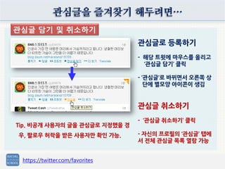 관심글을 즐겨찾기 해두려면…
https://twitter.com/favorites
관심글로 등록하기
- 해당 트윗에 마우스를 올리고
‘관심글 담기’ 클릭
- ‘관심글’로 바뀌면서 오른쪽 상
단에 별모양 아이콘이 생김
관심글 취소하기
- ‘관심글 취소하기’ 클릭
- 자신의 프로필의 ‘관심글’ 탭에
서 전체 관심글 목록 열람 가능
Tip. 비공개 사용자의 글을 관심글로 지정했을 경
우, 팔로우 허락을 받은 사용자만 확인 가능.
관심글 담기 및 취소하기
 