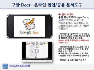 구글 Docs- 온라인 협업/공유 문서도구
 위키피디아
구글 문서도구(Google Docs):
구글의 웹기반 서비스로,
워드프로세서, 스프레드시트,
프레젠테이션, 그림 등 기능이
제공된다.
- 2005년 8월 Upstartle 사, 온라인 공
동 문서편집/공유 서비스 Writely 개시
 2006년 3.9일 구글이 인수,
2006년 10월 구글문서&스프레드시트
서비스 개시
- 2007년 9.17일 토닉시스템즈사의 온
라인 프레젠테이션서비스 인수, 통합
문서 서비스 제공
 구글 독스(Google Docs) 로 개칭
= 한글명: 구글오피스구글 문서도구
- 2009년 4월 그림 삽입 기능 추가
http://bit.ly/wQys6f
 