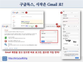 구글독스, 시작은 Gmail 로!
http://bit.ly/yuBGHg
➊
➋
➌
➍
Gmail 계정을 갖고 있으면 바로 로그인, 없으면 가입 먼저!
 