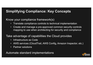 Simplifying Compliance: Key Concepts
Know your compliance framework(s)
• Translate compliance controls to technical implem...