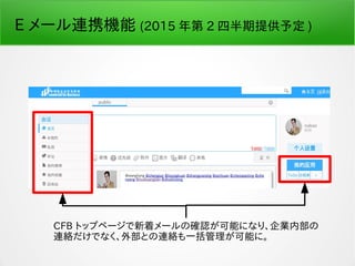 E メール連携機能 (2015 年第 2 四半期提供予定 )
CFB トップページで新着メールの確認が可能になり、企業内部の
連絡だけでなく、外部との連絡も一括管理が可能に。
 