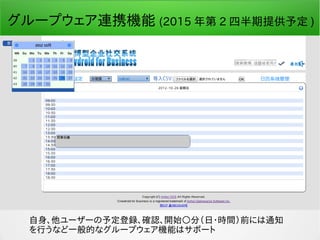 グループウェア連携機能 (2015 年第 2 四半期提供予定 )
自身、他ユーザーの予定登録、確認、開始○分（日・時間）前には通知
を行うなど一般的なグループウェア機能はサポート
 