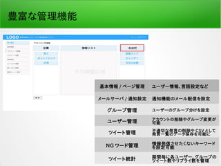 豊富な管理機能
基本情報 / ページ管理 ユーザー情報、言語設定など
メールサーバ / 通知設定 通知機能のメール配信を設定
グループ管理 ユーザーのグループ分けを設定
ユーザー管理 アカウントの削除やグループ変更が
可能
ツイート管理 不適切な発言の削除や CSV として
発言一覧のデータ保存を可能に
NG ワード管理 情報発信させたくないキーワード
を設定可能
ツイート統計 期間毎に各ユーザー、グループの
ツイート数やリプライ数を管理
 