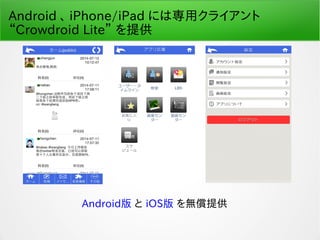 Android 、 iPhone/iPad には専用クライアント
“Crowdroid Lite” を提供
　　　　 Android版 と iOS版 を無償提供
 