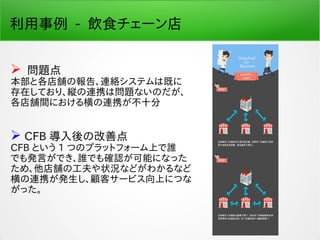 利用事例 - 飲食チェーン店
 問題点
本部と各店舗の報告、連絡システムは既に
存在しており、縦の連携は問題ないのだが、
各店舗間における横の連携が不十分
 CFB 導入後の改善点
CFB という 1 つのプラットフォーム上で誰
でも発言ができ、誰でも確認が可能になった
ため、他店舗の工夫や状況などがわかるなど
横の連携が発生し、顧客サービス向上につな
がった。
 