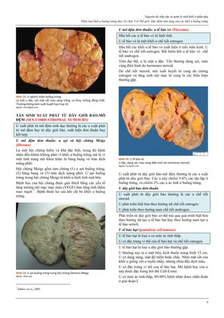 Nguyên tắc tiếp cận và quản lý một khối ở phần phụ
Phân loại khối u buồng trứng theo Tổ chức Y tế Thế giới. Đặc điểm lâm sàng của các khối u buồng trứng
7
Hình 12: U nghịch mầm buồng trứng
Là một u đặc, với mặt cắt màu vàng trắng, có thùy, không đồng nhất.
Thường không kèm xuất huyết hay hoại tử.
Nguồn: clinicalgate.com
TÂN SINH XUẤT PHÁT TỪ DÂY GIỚI BÀO-MÔ
ĐỆM (SEX CORD-STROMAL TUMOURS)
U xuất phát từ mô đệm sinh dục thường là các u xuất phát
từ mô đệm hay từ dây giới bào, xuất hiện đơn thuần hay
kết hợp.
U mô đệm đơn thuần: u sợi và hội chứng Meigs
(fibroma)
Là một hội chứng hiếm và khá đặc biệt, trong đó bệnh
nhân đến khám không phải vì khối u buồng trứng mà là vì
một tình trạng nội khoa khác là báng bụng và tràn dịch
màng phổi.
Hội chứng Meigs gồm tam chứng (1) u sợi buồng trứng,
(2) báng bụng và (3) tràn dịch màng phổi. U sợi buồng
trứng trong hội chứng Meigs là khối u lành tính một bên.
Bệnh học của hội chứng được giải thích bằng các yếu tố
tăng trưởng nội mạc mạc máu (VEGF) làm tăng tính thấm
mao mạch 7
. Bệnh thoái lui sau khi cắt bỏ khối u buồng
trứng.
Hình 13: U sợi buồng trứng trong hội chứng Demons-Meigs
Nguồn: ojhas.org
7
Ishiko và cs., 2001
U mô đệm đơn thuần: u tế bào vỏ (Thecoma)
Hầu hết các u tế bào vỏ là lành tính.
U tế bào vỏ là một khối u chế tiết estrogen.
Hầu hết các khối u tế bào vỏ xuất hiện ở tuổi mãn kinh. U
tế bào vỏ chế tiết estrogen. Rất hiếm khi u tế bào vỏ chế
tiết androgen.
Trên đại thể, u là một u đặc. Tổn thương dạng sợi, màu
vàng điển hình do hormones steroid.
Do chế tiết steroid, nên xuất huyết tử cung do cường
estrogen và tăng sinh nội mạc tử cung là các biểu hiện
thường gặp.
Hình 14: U tế bào vỏ
U đặc, dạng sợi, màu vàng điển hình do hormones steroid.
Nguồn: humpath.com
U xuất phát từ dây giới bào-mô đệm thường là các u xuất
phát từ dây giới bào. Các u này chiếm 5-8% các tân lập ở
buồng trứng, và chiếm 2% các u ác tính ở buồng trứng.
U dây giới bào đơn thuần
U xuất phát từ dây giới bào thường là các u chế tiết
steroid.
U phát triển biệt hóa theo hướng nữ chế tiết estrogen.
U phát triển theo hướng nam chế tiết androgen.
Phát triển từ dây giới bào có thể trải qua quá trình biệt hóa
theo hướng nữ tạo u tế bào hạt hay theo hướng nam tạo u
tế bào sertoli.
U tế bào hạt (granulosa cell tumour)
U tế bào hạt là loại u có mức ác tính thấp.
U có đặc trưng vi thể của tế bào hạt và chế tiết estrogen.
U tế bào hạt là loại u dây giới bào thường gặp.
U thường xảy ra ở một bên, kích thước trung bình 15 cm.
U có dạng nang, mật độ mềm hoặc chắc. Nhìn mặt cắt của
khối u giống với u tuyến nhầy, nhưng chứa đầy dịch máu.
U có đặc trưng vi thể của tế bào hạt. Mô bệnh học của u
này được đặc trưng bởi thể Call-Exner.
U có mức ác tính thấp, 80-90% bệnh nhân được chẩn đoán
ở giai đoạn I.
 