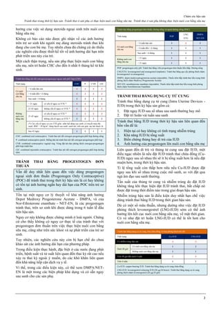 Chăm sóc hậu sản
Tránh thai trong thời kỳ hậu sản. Tránh thai ở sản phụ có thực hiện nuôi con bằng sữa mẹ. Tránh thai ở sản phụ không thực hiện nuôi con bằng sữa mẹ
2
hưởng của việc sử dụng steroids ngoại sinh trên nuôi con
bằng sữa mẹ.
Không có báo cáo nào được ghi nhận về các ảnh hưởng
trên trẻ sơ sinh khi người mẹ dùng steroids tránh thai khi
đang cho con bú mẹ. Tuy nhiên chưa đủ chứng cứ do thiếu
các nghiên cứu được thiết kế tốt về ảnh hưởng dài hạn trên
phát triển sau này của trẻ.
Một cách thận trọng, nếu sản phụ thực hiện nuôi con bằng
sữa mẹ, nên trì hoãn CHC cho đến ít nhất 6 tháng kể từ khi
sinh.
Tránh thai bằng nội tiết estrogen-progestogen ngoại sinh phối hợp (CHC)
Tình trạng COC P CVR CIC
Có nuôi
con bằng
sữa mẹ
< 6 tuần hậu sản 4 4 4 4
> 6 tuần đến < 6 tháng 3 3 3 3
Sau sanh > 6 tháng 2 2 2 2
Không
nuôi con
bằng sữa
mẹ
< 21 ngày có yếu tố nguy cơ VTE * 4 4 4 4
21-42 ngày không yếu tố nguy cơ VTE * 3 3 3 3
21-42 ngày
có yếu tố nguy cơ VTE * 3 3 3 3
không yếu tố nguy cơ VTE * 2 2 2 2
(*) Các yếu tố nguy cơ cao VTE gồm: nằm bất động sau sanh, có truyền máu khi
sanh, BMI > 30 kg/m2
, băng huyết sau sanh, sanh mổ, tiền sản giật, mẹ hút thuốc lá
Sau 42 ngày 1 1 1 1
COC: combined oral contraceptive. Tránh thai nội tiết estrogen-progestogen phối hợp đường uống
P: combined contraceptive patch. Miếng dán da tránh thai nội tiết estrogen-progestogen phối hợp
CVR: combined contraceptive vaginal ring. Vòng đặt âm đạo phóng thích estrogen-progestogen
phối hợp tránh thai
CIC: combined injectable contraceptive. Tránh thai nội tiết estrogen-progestogen phối hợp đường
tiêm
TRÁNH THAI BẰNG PROGESTOGEN ĐƠN
THUẦN
Vấn đề duy nhất liên quan đến việc dùng progestogen
ngoại sinh đơn thuần (Progestogen Only Contraceptive)
(POC) để tránh thai trong thời kỳ hậu sản là có hay không
có tồn tại ảnh hưởng ngắn hay dài hạn của POC trên trẻ sơ
sinh.
Tồn tại một nguy cơ lý thuyết về khả năng ảnh hưởng
Depot Medroxy Progesterone Acetate - DMPA, và của
Nor-Ethisterone enanthate - NET-EN, là các progestogen
tránh thai, trên sơ sinh khi được dùng trong 6 tuần lễ đầu
tiên hậu sản.
Nguy cơ này không được chứng minh ở loài người. Chứng
cứ cho thấy không có nguy cơ thực tế của tránh thai với
progestogen đơn thuần trên việc thực hiện nuôi con bằng
sữa mẹ, cũng như trên sức khoẻ và sự phát triển của trẻ sơ
sinh.
Tuy nhiên, các nghiên cứu này còn bị hạn chế do chưa
khảo sát các ảnh hưởng dài hạn của phương pháp.
Trong điều kiện thực hành, đặc biệt ở các nước đang phát
triển, bệnh suất và tử suất liên quan đến thai kỳ rất cao nếu
xảy ra thai kỳ ngoài ý muốn, do các khó khăn liên quan
đến khả năng tiếp cận dịch vụ y tế.
Vì thế, trong các điều kiện này, có thể xem DMPA/NET-
EN là một trong các biện pháp khả dụng và có sẵn ngay
sau sanh cho các sản phụ.
Tránh thai bằng progestogen đơn thuần, đường uống và ngoài đường uống (POC)
Tình trạng POP
LNG
ETG
DMPA
NET-EN
Có nuôi con bằng
sữa mẹ
< 6 tuần hậu sản 2 3 2
> 6 tuần đến < 6 tháng 1 1 1
Sau sanh > 6 tháng 1 1 1
Không nuôi con
bằng sữa mẹ
< 21 ngày 1 1 1
< 21 ngày 1 1 1
POP: progestogen-only pill. Tránh thai bằng viên progestogen đơn thuần liều thấp. Đường uống
LNG/ETG: levonorgestrel and etonogestrel (implants). Tránh thai bằng que cấy phóng thích chậm
levonorgestrel và etonogestrel.
DMPA: depot medroxyprogesterone acetate (injectable). Thuốc tiêm bắp tránh thai liều trung bình
phóng thích chậm Medroxy Progesterone Acetate
NET-EN: norethisterone enanthate (injectable): Thuốc tiêm bắp tránh thai liều trung bình phóng
thích chậm Norethisterone Enanthate
TRÁNH THAI BẰNG DỤNG CỤ TỬ CUNG
Tránh thai bằng dụng cụ tử cung (Intra Uterine Devices -
IUD) trong thời kỳ hậu sản gồm cả:
1. Đặt ngay IUD sau sổ nhau sau sanh thường hay mổ
2. Đặt trì hoãn vài tuần sau sanh
Tránh thai bằng IUD trong thời kỳ hậu sản liên quan đến
bốn vấn đề là:
1. Hiện tại có hay không có tình trạng nhiễm trùng
2. Khả năng IUD bị tống xuất
3. Biến chứng thủng hay di trú của IUD
4. Ảnh hưởng của progestogen lên nuôi con bằng sữa mẹ
Liên quan đến di trú và thủng tử cung sau đặt IUD, một
điều ngạc nhiên là nếu đặt IUD tránh thai chứa đồng (Cu-
IUD) ngay sau sổ nhau thì sẽ ít bị tống xuất hơn là nếu đặt
muộn hơn, trong thời kỳ hậu sản.
Tỉ lệ tống xuất còn thấp hơn nữa nếu Cu-IUD được đặt
ngay sau khi sổ nhau trong cuộc mổ sanh, so với đặt qua
ngả âm đạo sau sanh thường.
Tần suất của thủng tử cung và nhiễm trùng do đặt IUD
không tăng khi thực hiện đặt IUD tránh thai, bất chấp nó
được đặt trong thời điểm nào trong giai đoạn hậu sản.
Nhiễm trùng hậu sản là điều kiện duy nhất hạn chế việc
dùng tránh thai bằng IUD trong thời gian hậu sản.
Dù có một số mâu thuẫn, nhưng dường như việc đặt IUD
phóng thích levonorgestrel (LNG-IUD) sớm có thể ảnh
hưởng lên kết cục nuôi con bằng sữa mẹ, về mặt thời gian.
Có vẻ như đặt trì hoãn LNG-IUD có thể là tốt hơn cho
nuôi con bằng sữa mẹ.
Tránh thai bằng dụng cụ tử cung, loại chứa đồng và loại phóng thích nội tiết
Tình trạng Cu-IUD LNG-IUD
Có nhiễm trùng hậu sản 4 4
Dưới 48 giờ
Có nuôi con bằng sữa mẹ 1 2
Không nuôi con bằng sữa mẹ 1 1
Trên 48 giờ đến dưới 4 tuần 3 3
Trên 4 tuần 1 1
Cu-IUD: copper-bearing IUD. Tránh thai bằng dụng cụ tử cung chứa đồng
LNG-IUD: levonorgestrel-releasing IUD (20 µg/24 hours). Tránh thai bằng dụng cụ tử cung
phóng thích chậm levonorgestrel (20 µg/24 giờ).
 